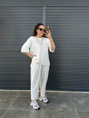 Modal Kumaş T-shirt Pantolon Takım  Ekru