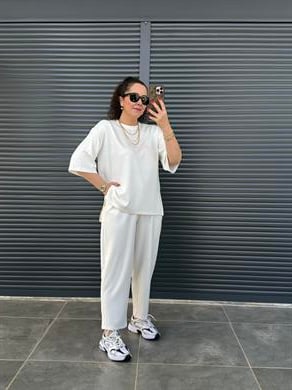 ÖN SİPARİŞ!!!  Modal Kumaş T-shirt Pantolon Takım  Ekru