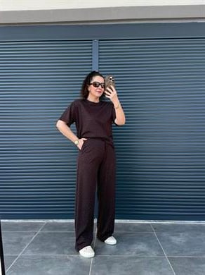 Modal Kumaş Taşlı T-Shirt Pantolon Takım Acı Kahve