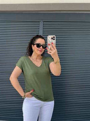 Modal Kumaş  V Yaka T-Shirt Haki