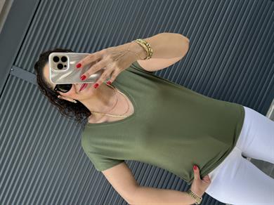 Modal Kumaş  V Yaka T-Shirt Haki