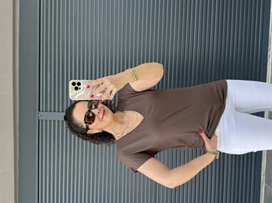 Modal Kumaş  V Yaka T-Shirt Kahverengi