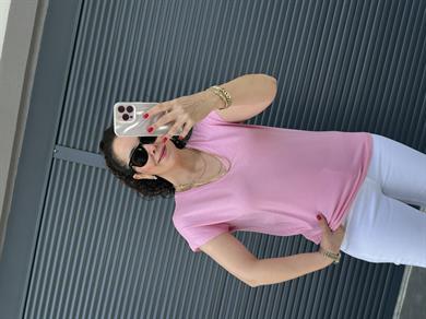 Modal Kumaş  V Yaka T-Shirt Pembe