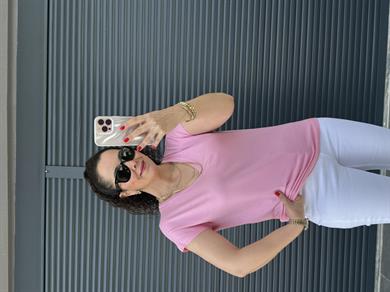 Modal Kumaş  V Yaka T-Shirt Pembe