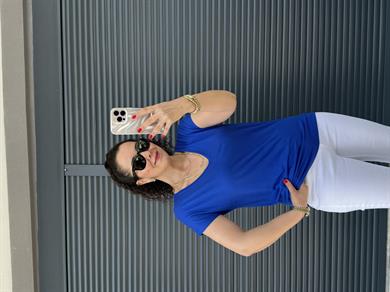 Modal Kumaş  V Yaka T-Shirt Saks Mavi