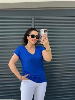 Modal Kumaş  V Yaka T-Shirt Saks Mavi