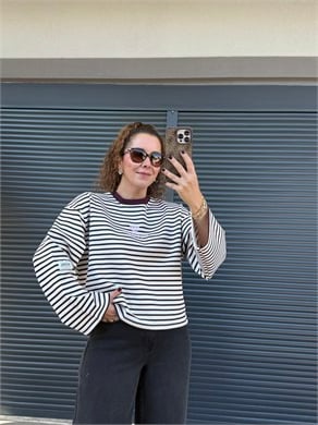 Mürdüm Yazı Nakışlı Çizgili Sweatshirt