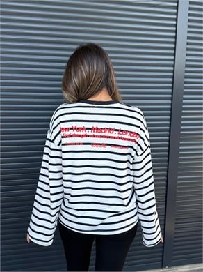 New York Yazılı Çizgili Sweat Lacivert