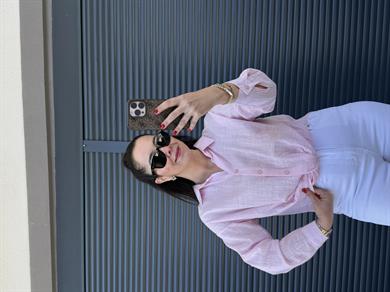 Önü Düğüm Detaylı Keten Gömlek Pembe