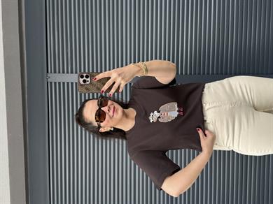 Orj Marka Nakışlı Taşlı T-Shirt Acı Kahve