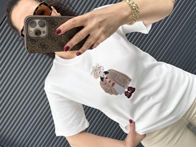 Orj Marka Nakışlı Taşlı T-Shirt Beyaz