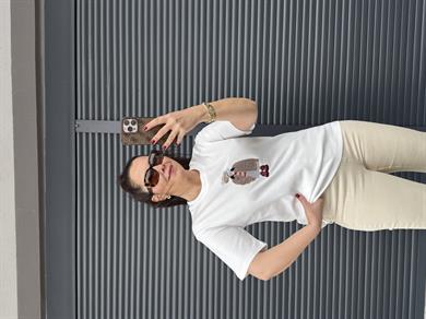 Orj Marka Nakışlı Taşlı T-Shirt Beyaz