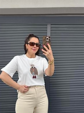 Orj Marka Nakışlı Taşlı T-Shirt Beyaz