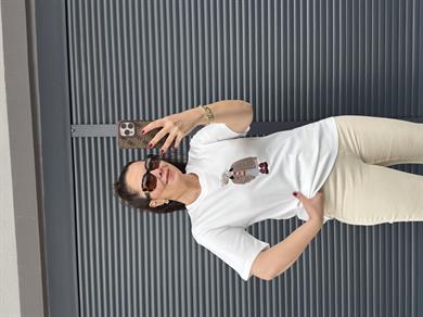 Orj Marka Nakışlı Taşlı T-Shirt Beyaz
