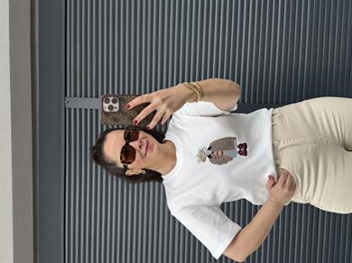 Orj Marka Nakışlı Taşlı T-Shirt Beyaz