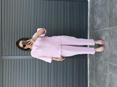 Oval Yaka Bluz Şalvar Pantolon Tensel Takım Pembe