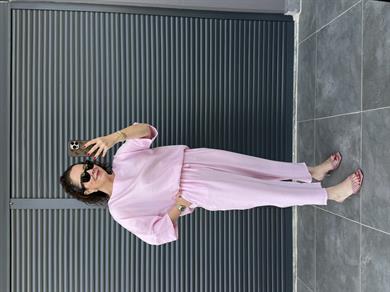 Oval Yaka Bluz Şalvar Pantolon Tensel Takım Pembe