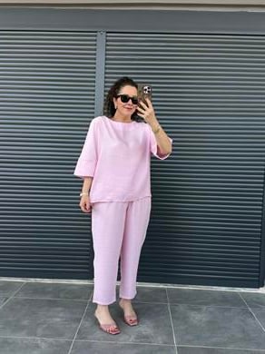 Oval Yaka Bluz Şalvar Pantolon Tensel Takım Pembe
