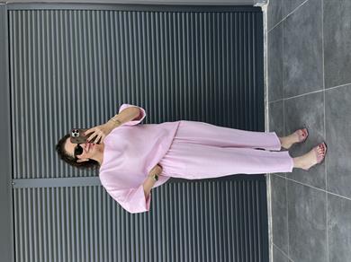 Oval Yaka Bluz Şalvar Pantolon Tensel Takım Pembe
