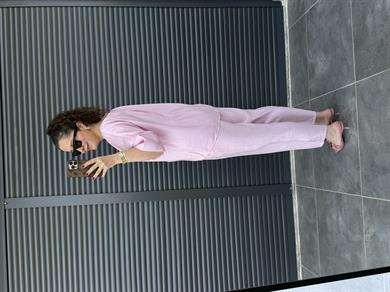 Oval Yaka Bluz Şalvar Pantolon Tensel Takım Pembe