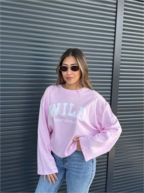 Pembe Yazı Baskılı İnce Sweatshirt