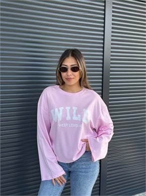 Pembe Yazı Baskılı İnce Sweatshirt
