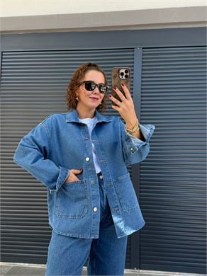 Premium Cepli Denim Ceket  Mavi
