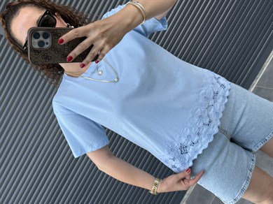 Premium Çiçek Güpür Detaylı T-shirt Mavi