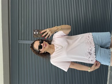 Premium Çiçek Güpür Detaylı T-shirt Pembe