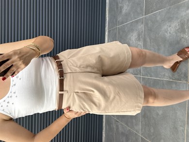 Premium Kemerli Arka Beli Lastikli Şort Vizon
