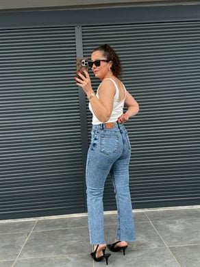Premium Kesik Paça Boy Fit Jean Açık Mavi