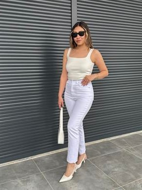 Premium Kesik Paça Boy Fit Jean Beyaz