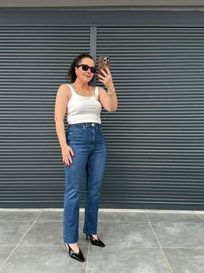 Premium Kesik Paça Boy Fit Jean Koyu Mavi