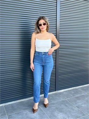 Premium Kesik Paça Toparlayıcı Boy Fit Jean Koyu Mavi