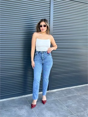 Premium Kesik Paça Toparlayıcı Boy Fit Jean Orta Mavi