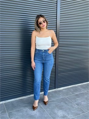 Premium Kesik Paça Toparlayıcı Boy Fit Jean Koyu Mavi