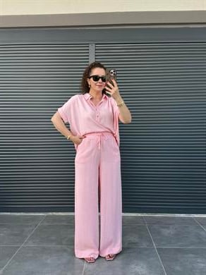 Premium Keten Bluz Pantolon Takım Pembe