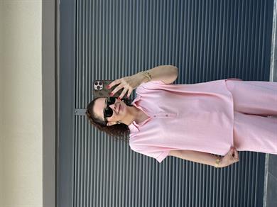 Premium Keten Bluz Pantolon Takım Pembe