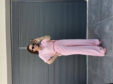 Premium Keten Bluz Pantolon Takım Pembe