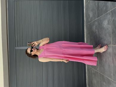 Premium Müslin Keten V Yaka Salaş Elbise Pembe  