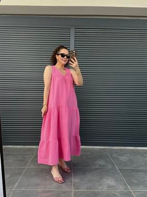 Premium Müslin Keten V Yaka Salaş Elbise Pembe  
