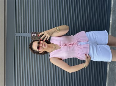 Premium Müslin Önü Fiyonklu Bluz Pembe
