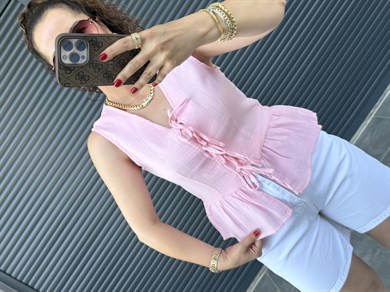 Premium Müslin Önü Fiyonklu Bluz Pembe