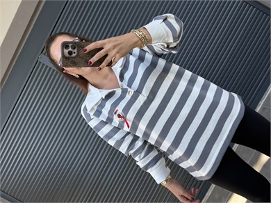 Premium Polo Yaka Arma Detaylı Sweat Gri