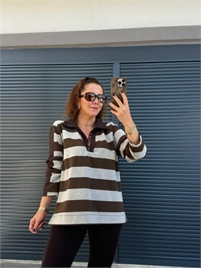Premium Polo Yaka Çizgili Sweat Acı Kahve