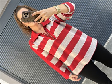 Premium Polo Yaka Çizgili Sweat Kırmızı