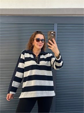 Premium Polo Yaka Çizgili Sweat Lacivert