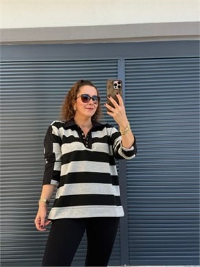 Premium Polo Yaka Çizgili Sweat Siyah