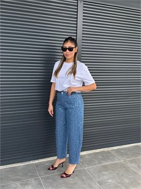 Premium Pullu Balon Jean Koyu Mavi