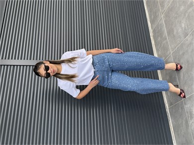 Premium Pullu Balon Jean Koyu Mavi